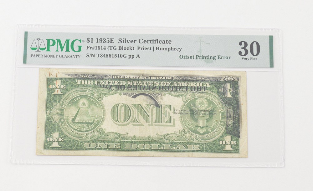 VF30 1935-E $1 Silver Certificate - FR#1614 (TG Block) Printing Error PMG *6560