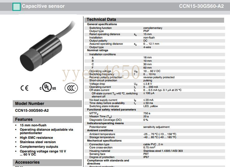 Original Proximity Switch CCN15-30GS60-A2 Sensor