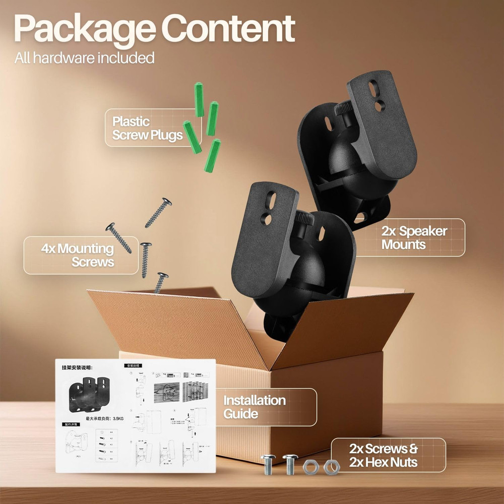 TNP Universal Satellite Speaker Wall Mount Bracket - 2 Pack, Black