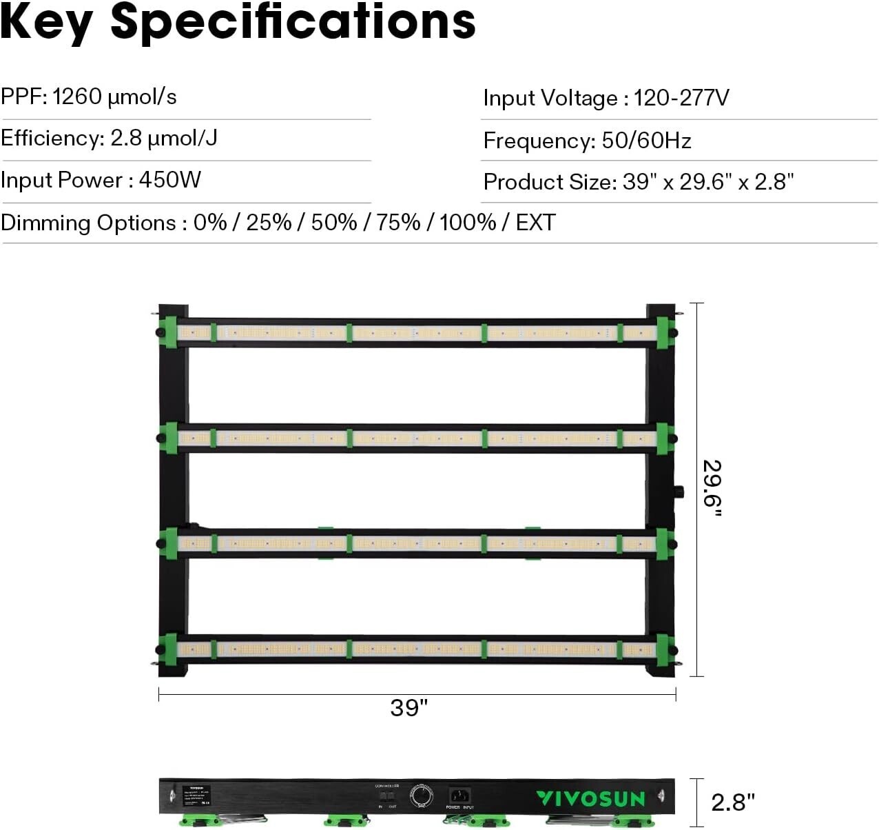 VIVOSUN VSFD4500 Removable LED Grow Light Bars Dimmable w/ UV/IR Commercial Grow