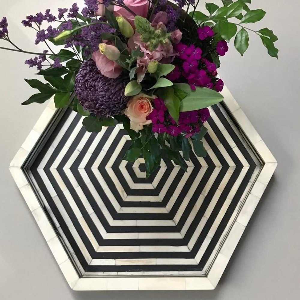 Handcrafted Hexagon Black &White Ottoman Bone Inlay Stripes Pattern Serving Tray