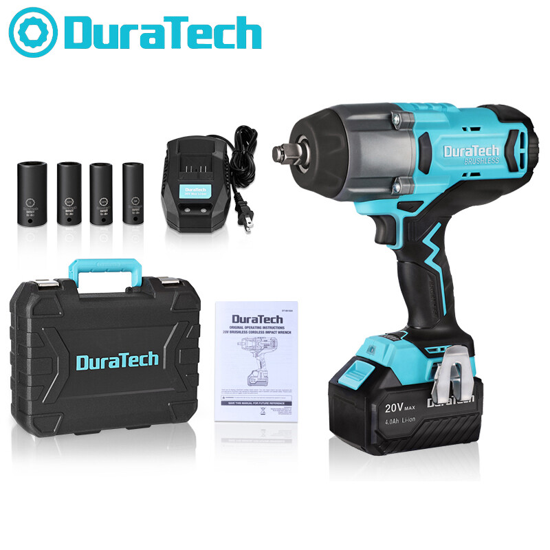 DURATECH 20V Cordless Impact Wrench Sets 1/2" Brushless Impact Driver 600 Ft-Lbs