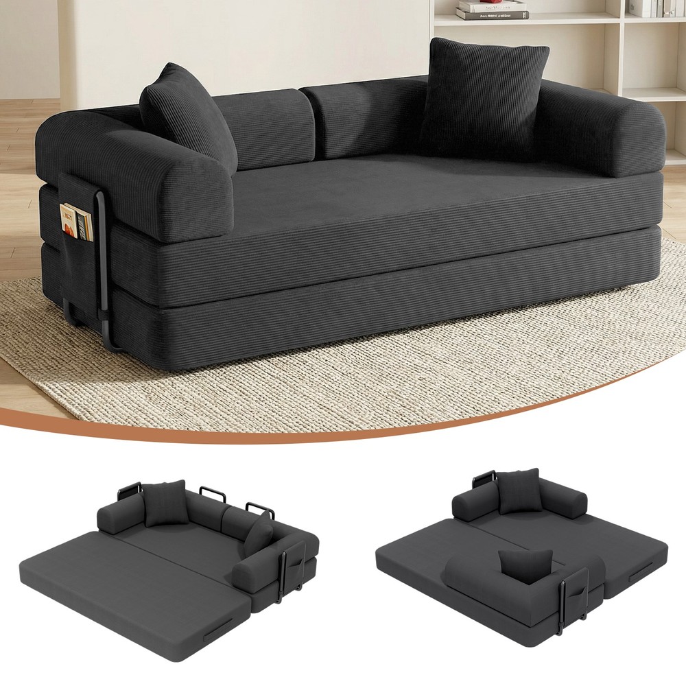 79" Corduroy Convertible Compression Sofa Bed Folding Floor Sofa Sleeper Couch