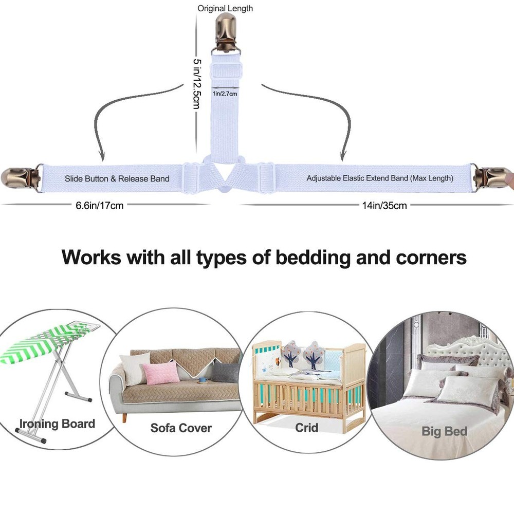 4 PCS White Triangle Bed Sheet Holder Straps, Adjustable Elastic Corner Clips