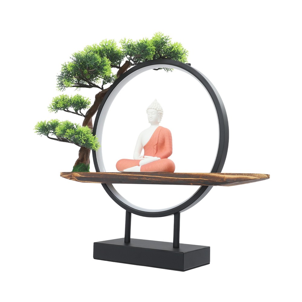 Buddha Statue Circle Lamp Tabletop LED Lighting Light with Green Artificial Tree
