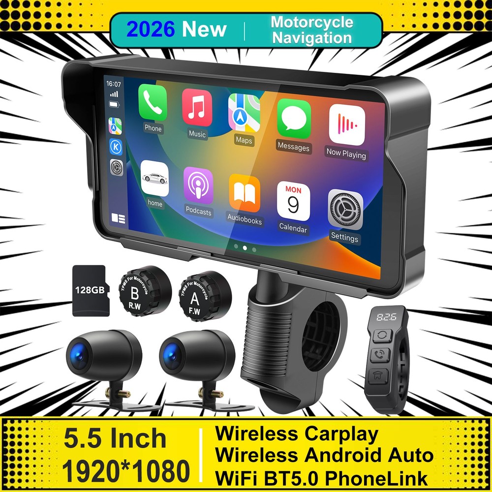 Professional Motorcycle Dash Cam 5.5" Wireless Carplay Android Auto Waterproof