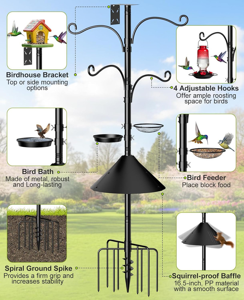 Bird Feeder Pole, 93" Shepherds Hooks Squirrel Proof for Outdoor, Adjustable Hea