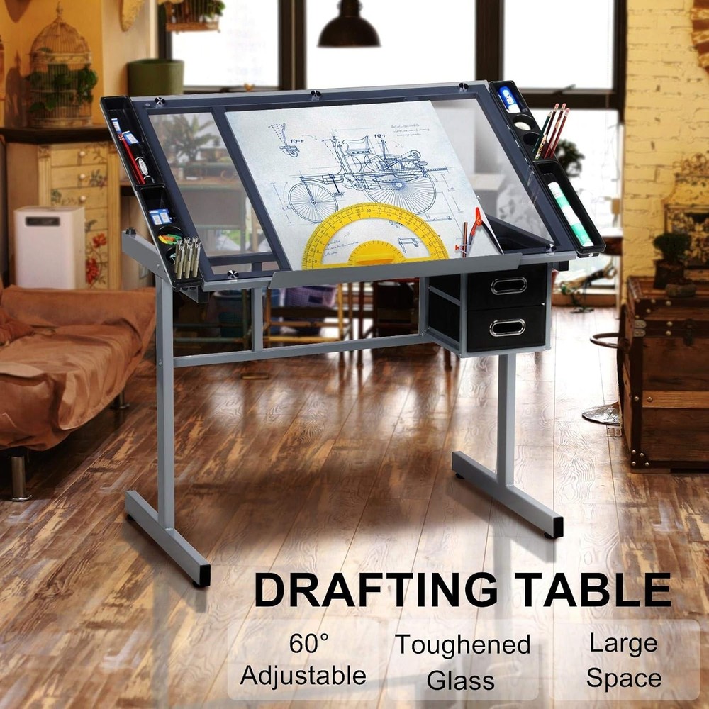Drawing Desk Adjustable Glass Drafting Study Table Station w/ 2 Slide
