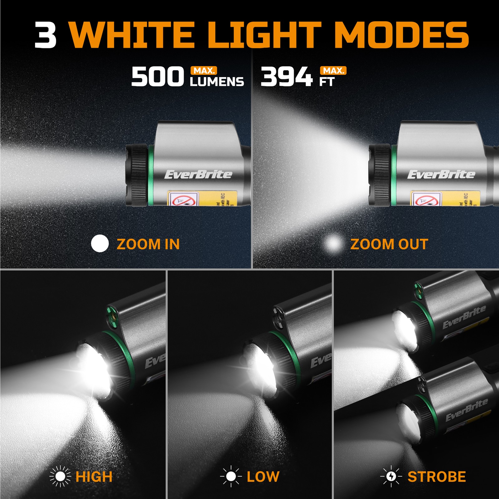 EverBrite Rechargeable EDC Flashlight with White Light and Green Beam 500 Lumens