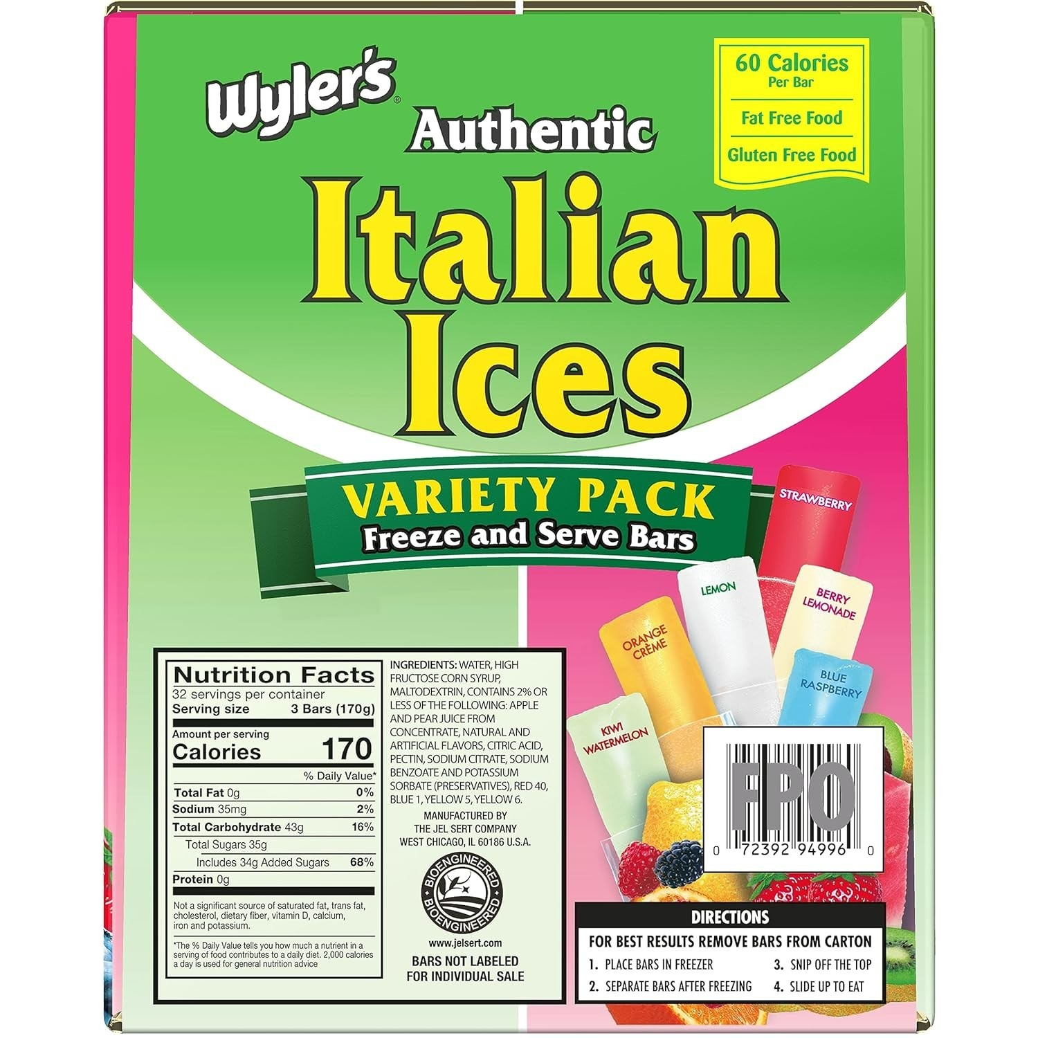 Wyler's Authentic Italian Ice, Fat Free Freezer Bars, Assorted Flavors 96ct