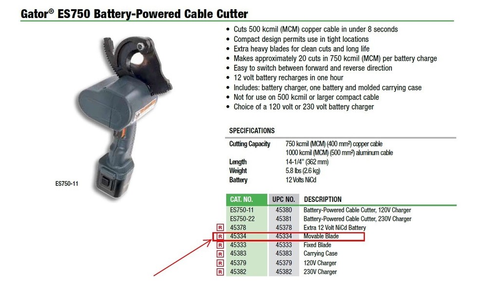 Greenlee 45334 Movable Bladed for ES750 Cable Cutter (Replacement Part)