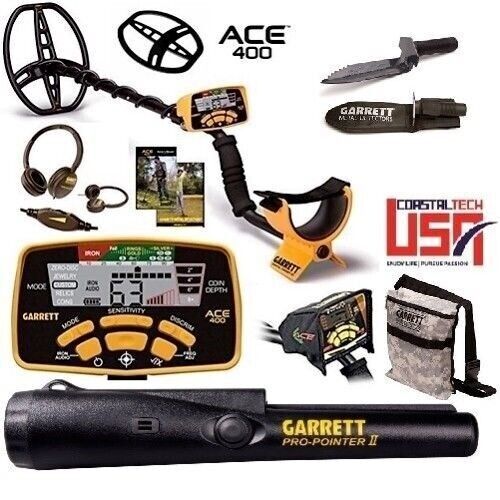 GARRETT ACE 400 METAL DETECTOR, PRO POINTER II PINPOINTER, POUCH, EDGE DIGGER