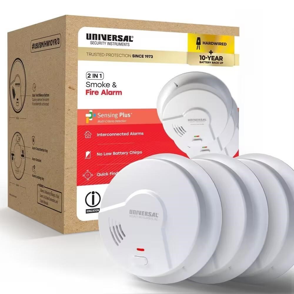 Universal Security 3 Pack Hardwired Smoke Detector W/ Ionization Sensor SEALED