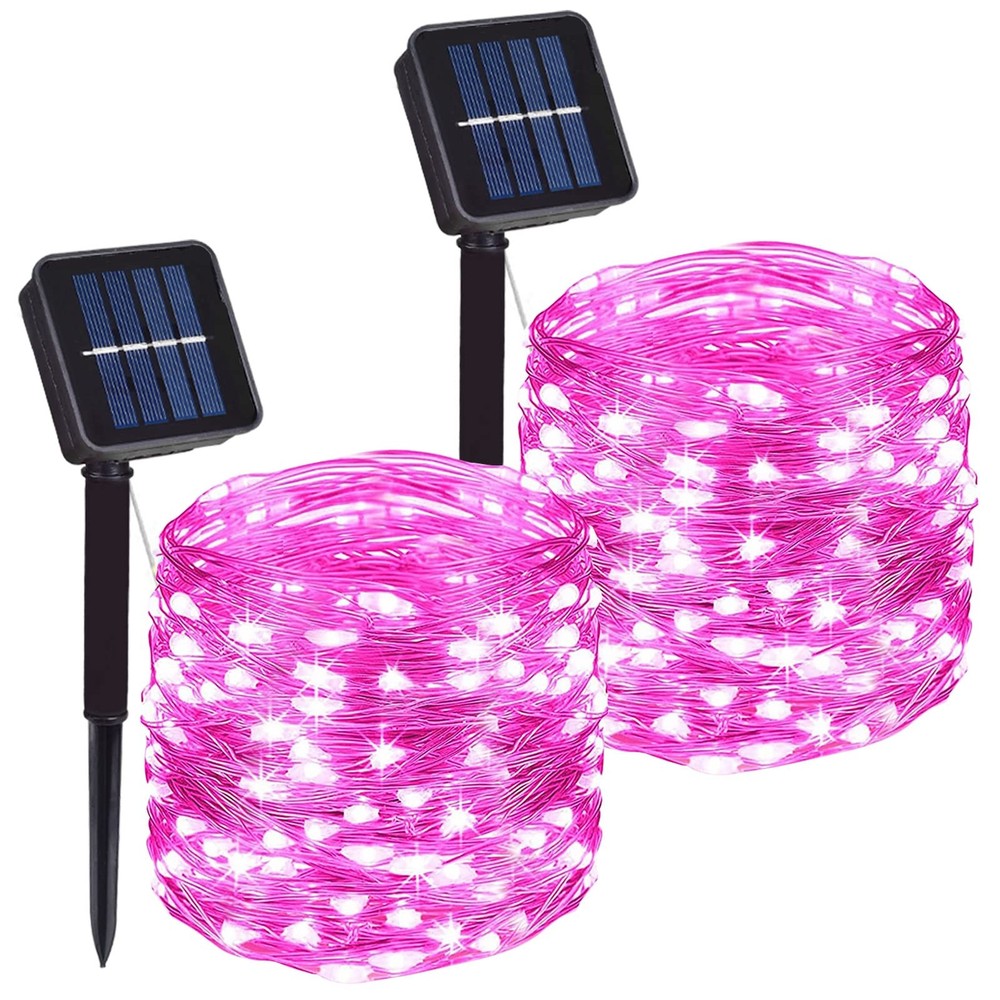 2 Pack Total 200 LED 66FT Solar Powered Copper Wire String 2 Pack, Pink