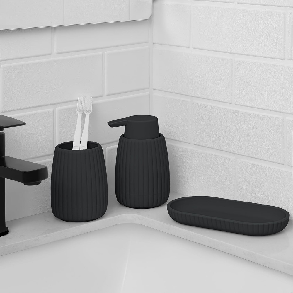 Rubberized Plastic Ribbed Toothbrush Holder, Black