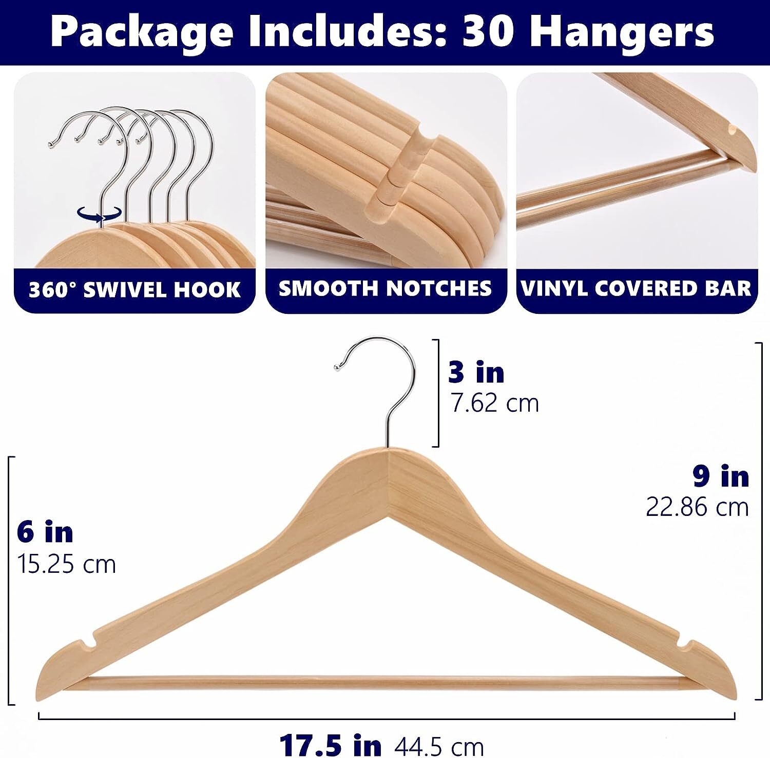 Wooden Hangers Pack of 20 & 50 & 100 Suit Hangers Premium Natural Finish Home US