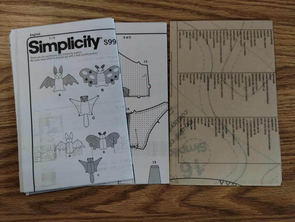 S9940 Simplicity Sewing Pattern Plush Bat, Moth & Flying Squirrel Toys