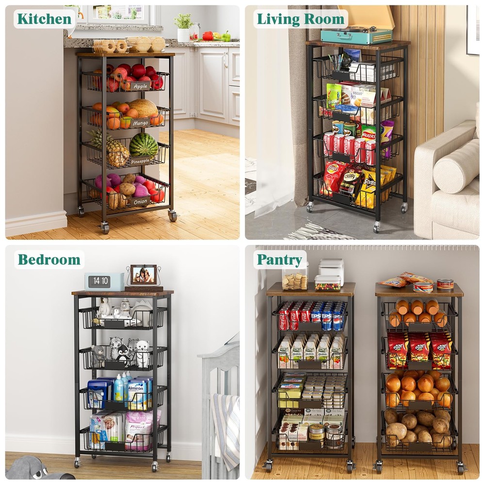 5tier Vegetable Fruit Basket Kitchen Storage Rolling Cart On Wheels With Pullout