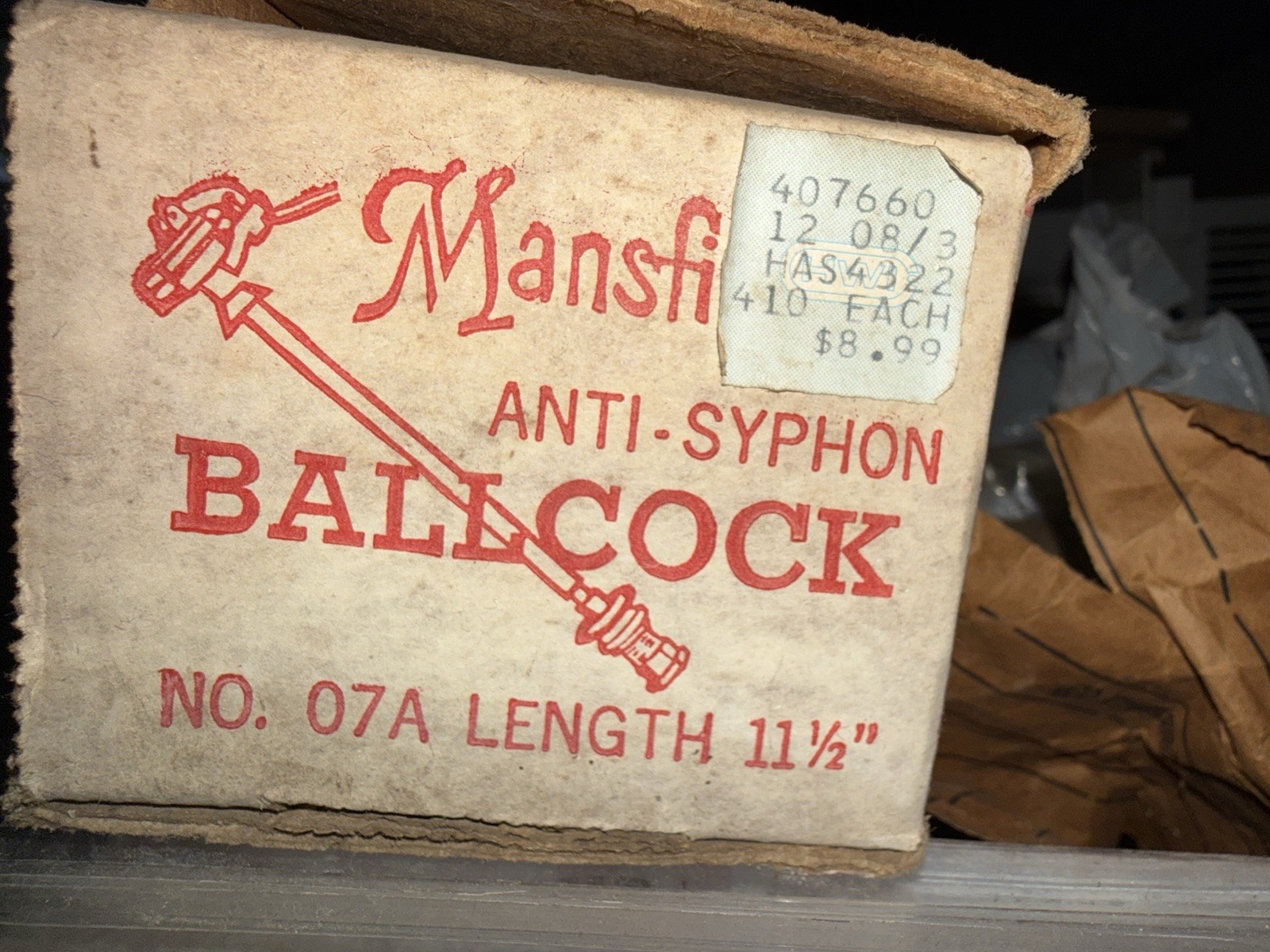 Vintage NOS Anti-syphon Ballcock by Mansfield 215-07 (11 1/2") No. 07A