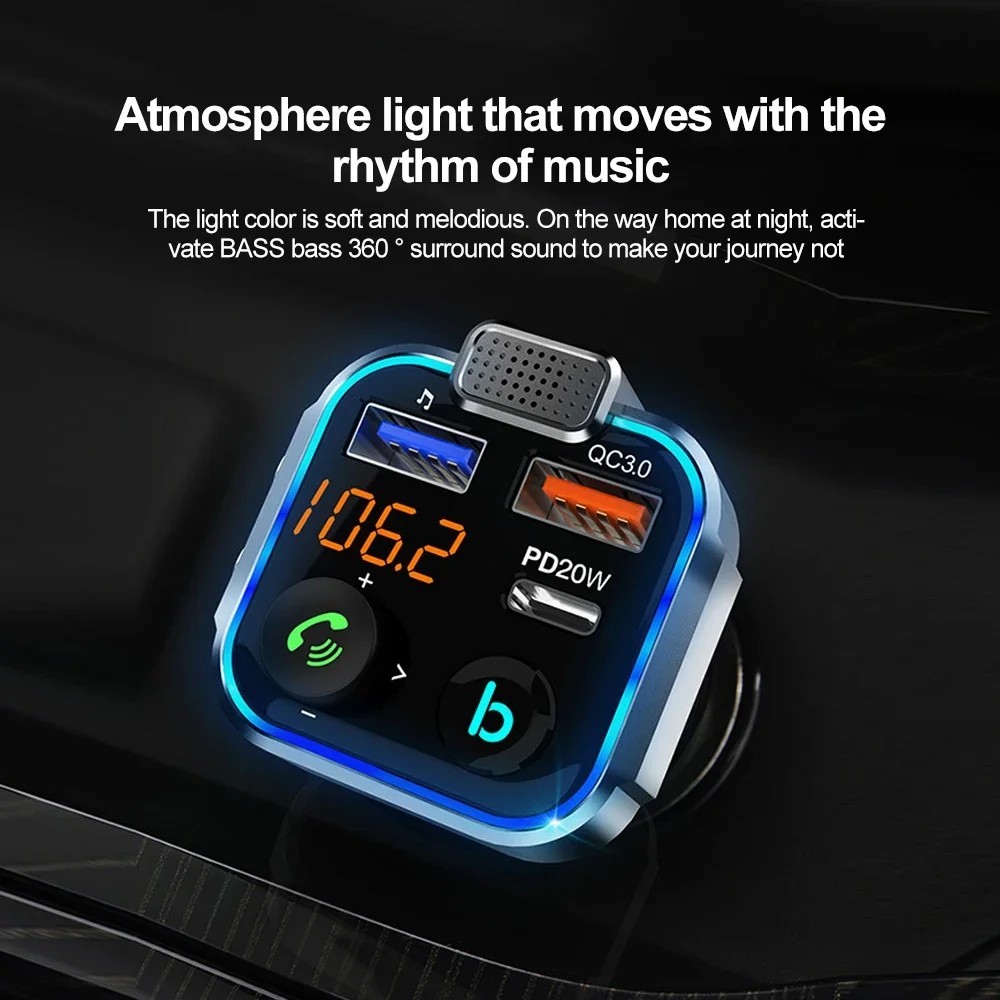 Bluetooth 5.0 Car Wireless FM Transmitter Adapter 2USB PD Charger AUX Hands-Free