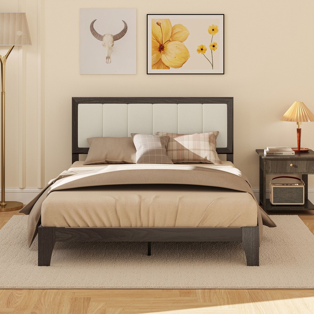 Full Size Bed Frame with Upholstered Headboard, Platform Bed Frame, Gray