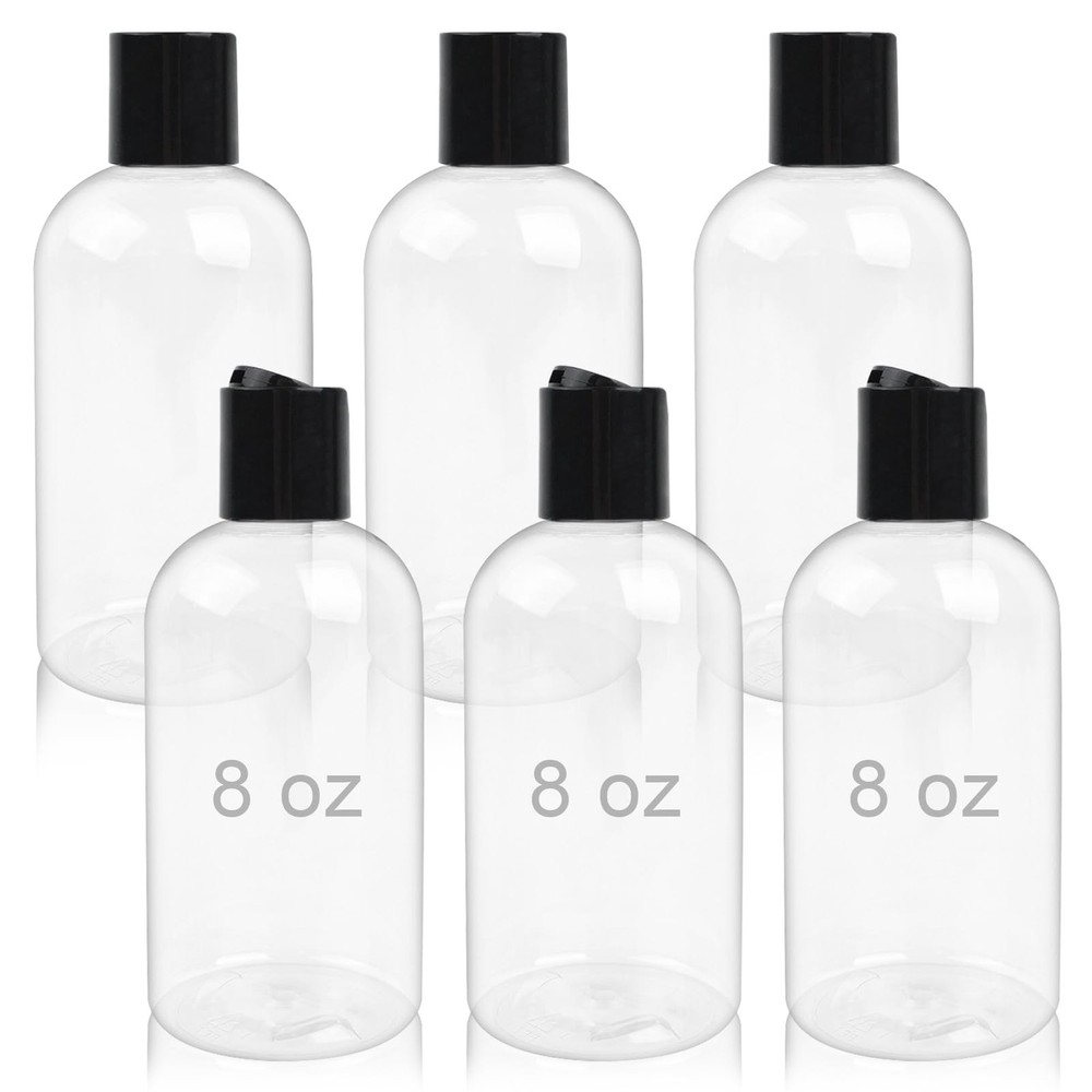 6 Pack 8 oz Empty Plastic Bottles with Black Disc Caps Reusable Clear Leak-Pr...