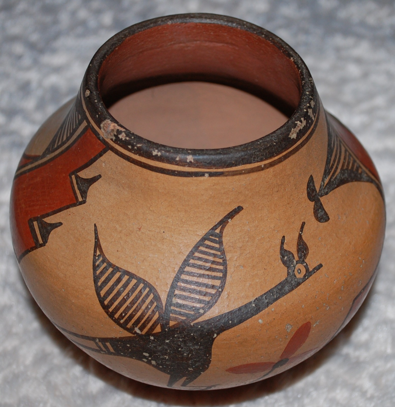 Vintage-1930-40 Zia Pottery Jar Roadrunner, Flower & Geometric designs-E. Medina