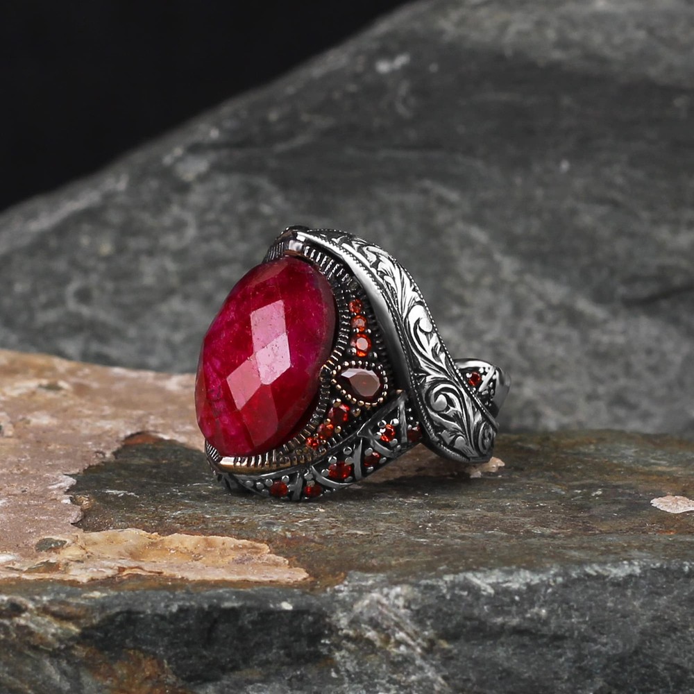 Ruby Stone Men Silver Ring, 925 Sterling Silver Ruby Gemstone Ring, Handmade