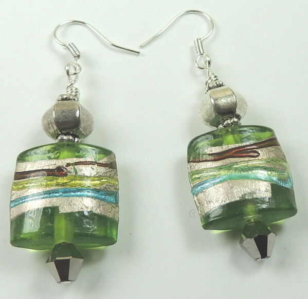 Silver Crystal & Green Lampwork  Bead Earrings Handcrafted