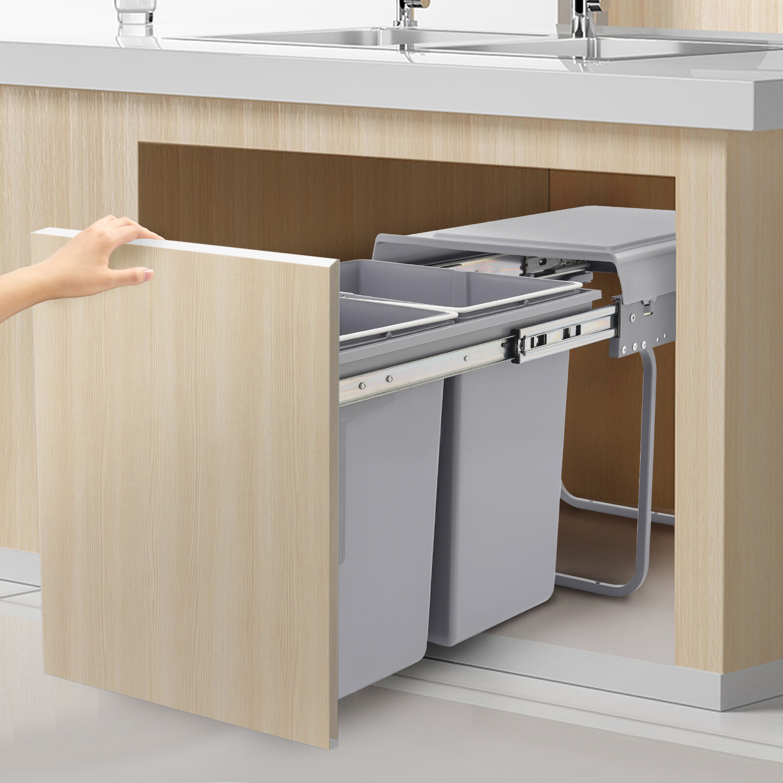 4.4Gal Under Cabinet Dual Pull-Out Trash Can Kitchen 20L Sliding Waste Bin Grey