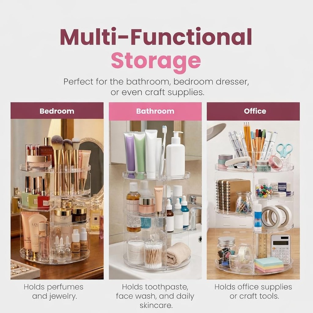 Masirs 360 Rotating Makeup Organizer Countertop - Adjustable Tall, Clear
