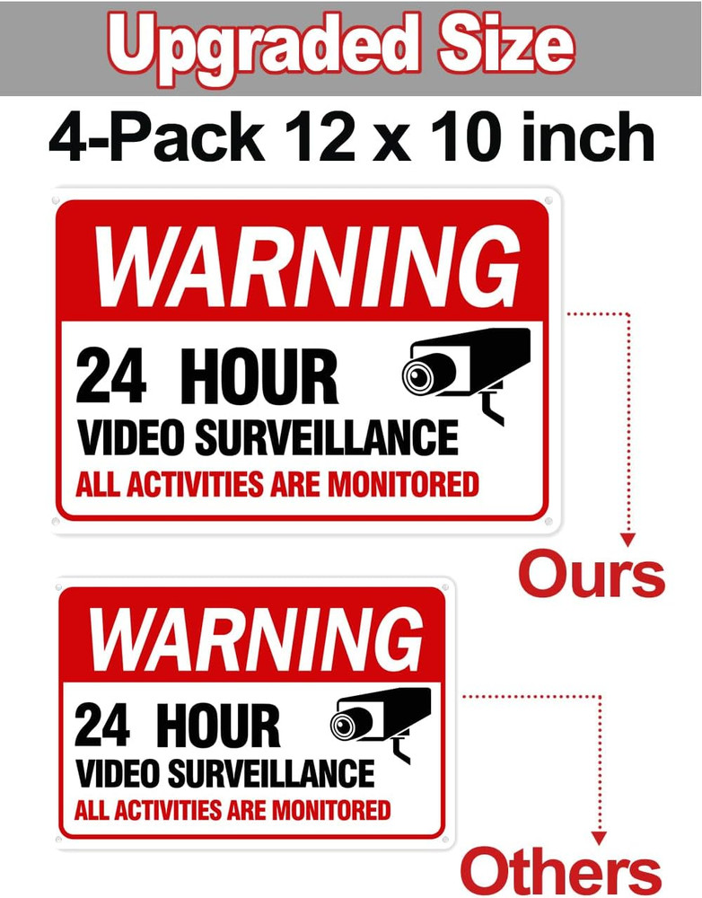 Video Surveillance Sign, 4-Pack Security Camera Sign, Reflective and Waterproof