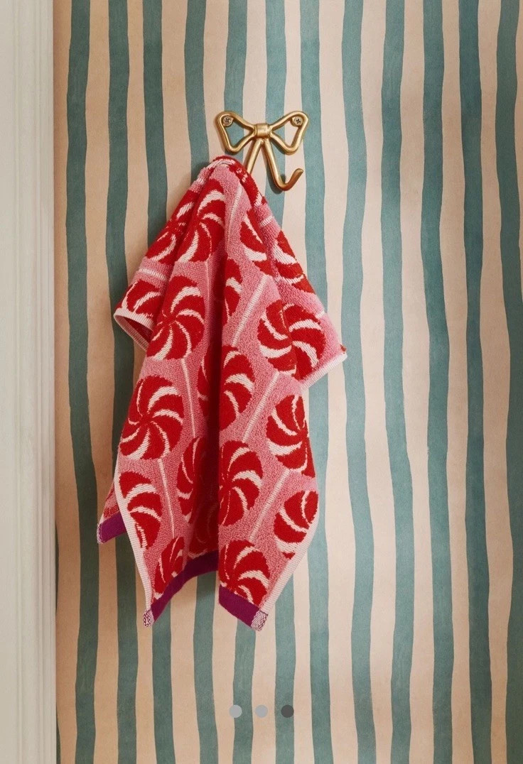 Anthropologie Peppermint Holiday Cotton Hand Towel Red Pink Christmas Bath NEW