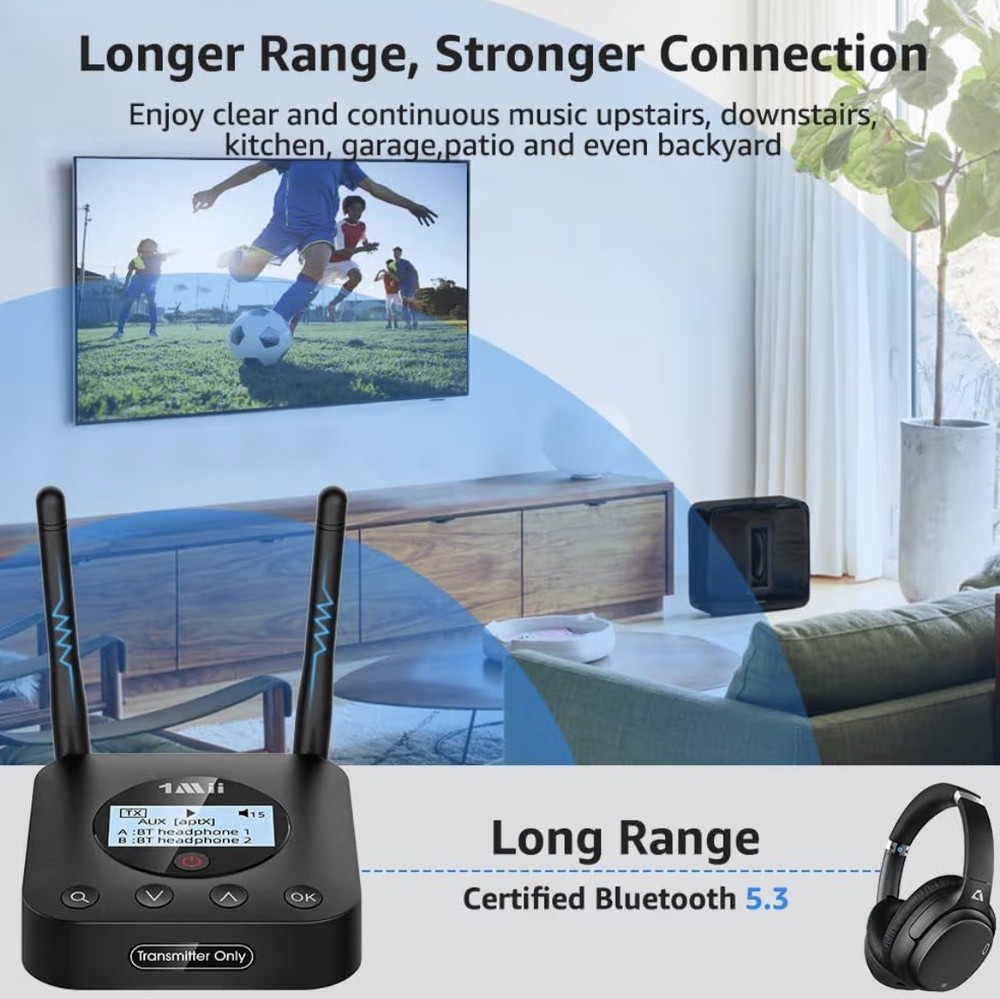 1Mii B06TX+ Long Range Bluetooth 5.2 Transmitter for TV/PC/Projector to 2 Wirele