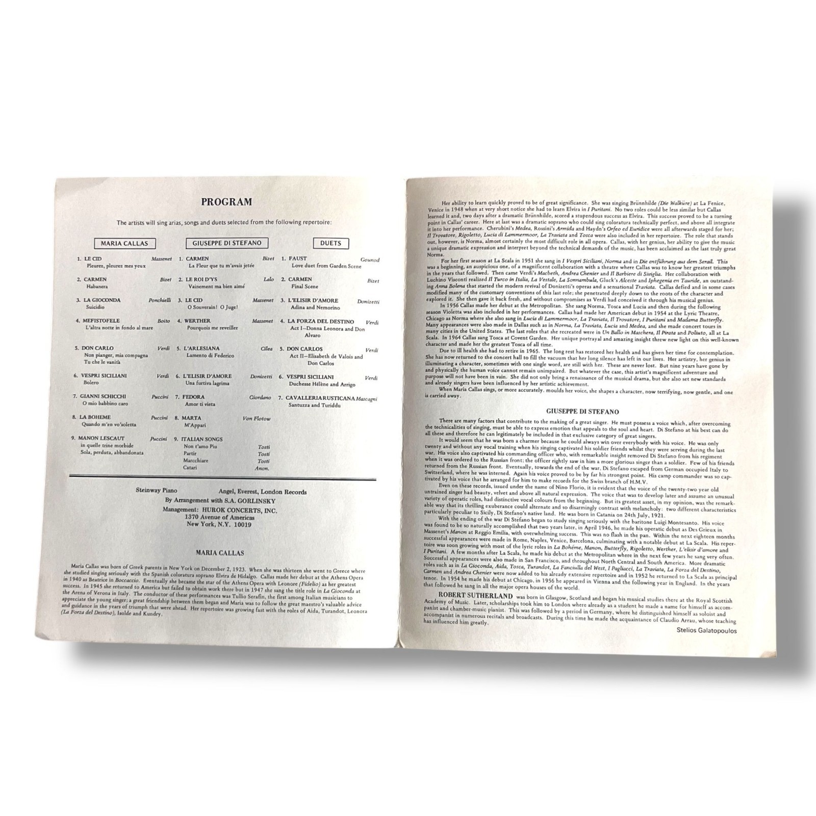 1974 An Evening with Maria Callas & Giuseppe Di Steffano Program Washington DC