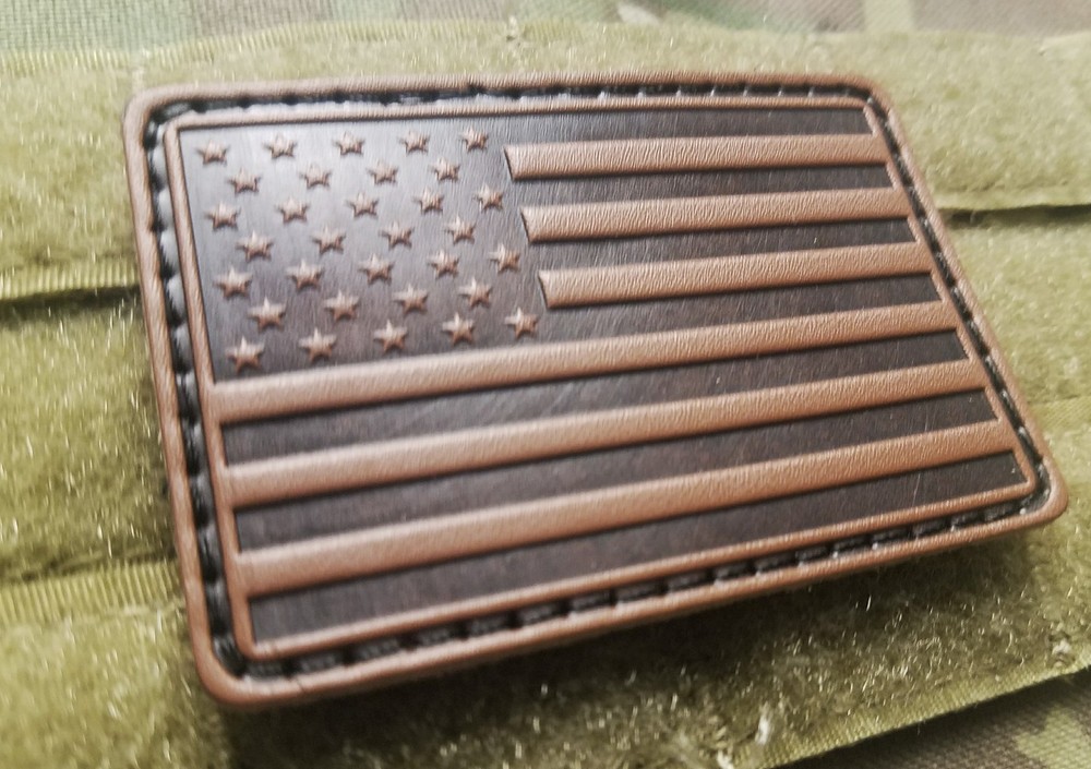 Brown PU Leather US American Flag Tactical Hook Backing 2x3 Patch