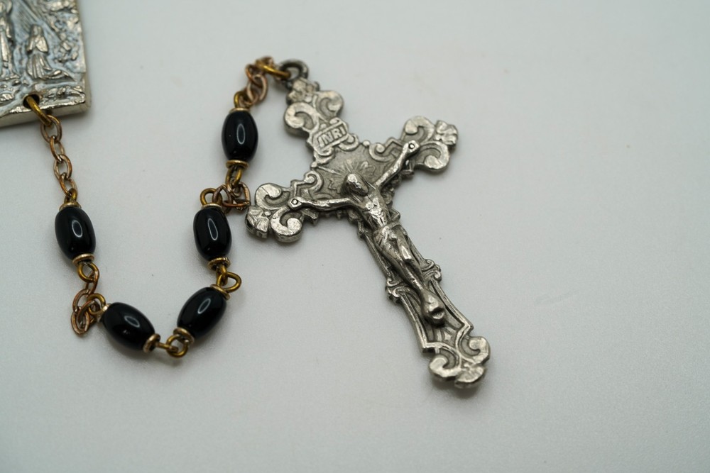 Vintage 30" Missing Relic Black Bead Silver Rosary 30" JB39