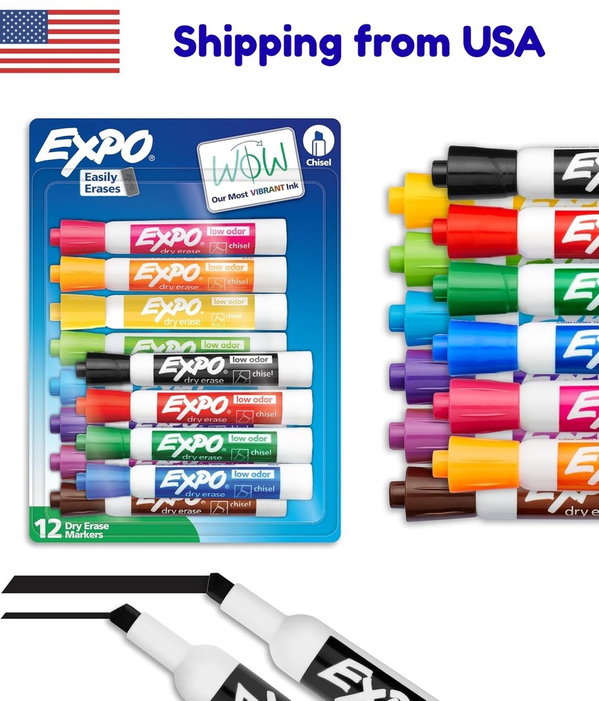 Dry Erase Markers, Chisel Tip, Low Odor, Assorted Colors, 12 Count