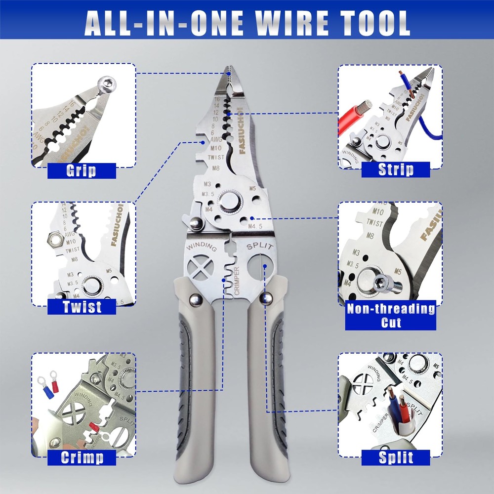 Multi-function Wire Stripper Tool Electrical, 9-in-1 Cutter & Grey