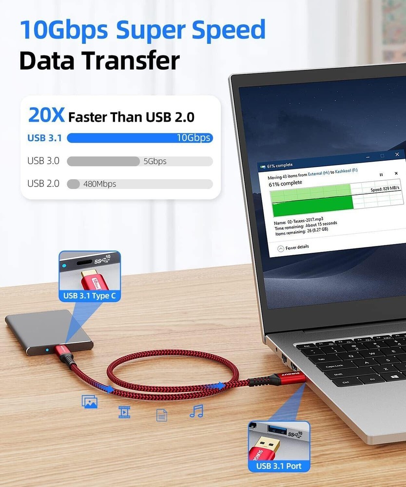 USB C Android Auto Cable 1ft, 3a USB a to C USB 3.1 USB 3.2 Gen2 10gbps Data