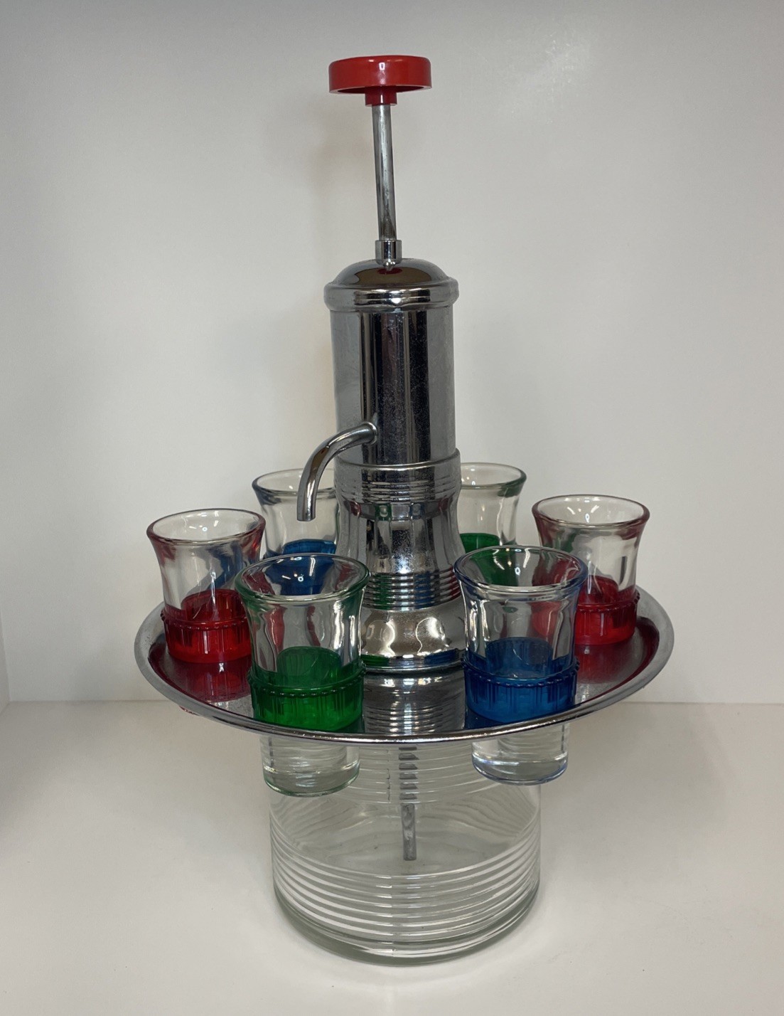 Vintage Park Sherman MCM Liquor Dispenser w/6 Shot Glasses Rotating Chrome Tray