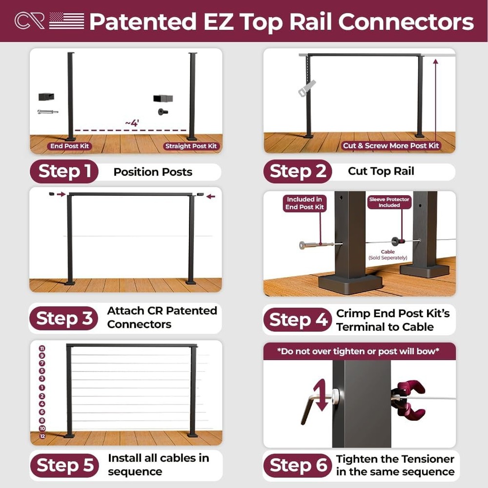 CR Fence & Rail Cable Railing Post Set 2pcs Black Cable Railing Corner Post 42in