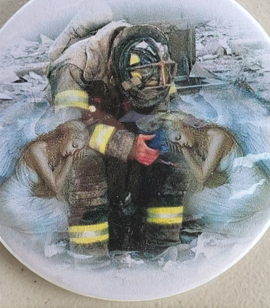 Fireman Firefighter Resting With Angels , Art, Button Pin