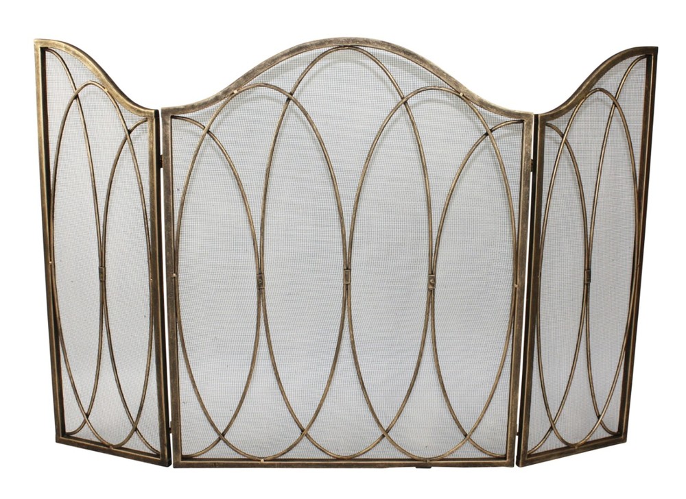 INTERLOCKING OVALS THREE PANEL IRON FIREPLACE SCREEN - LIGHT BURNISHED GOLD