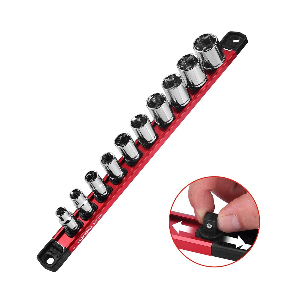 WORKPRO 3/8" Drive Magnetic Socket Organizer with 10Pcs Removable Socket Clips
