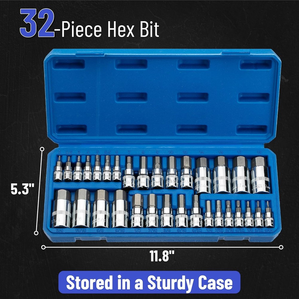 Hex Bit Socket Set - 32 Piece, 1/4", 3/8", & 1/2" Drive, Allen & Metric Socket