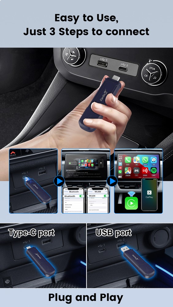 CarlinKit MINI 5.0 Pro 2-in-1 Wireless CarPlay Android Auto Ai Adapter Plug&Play