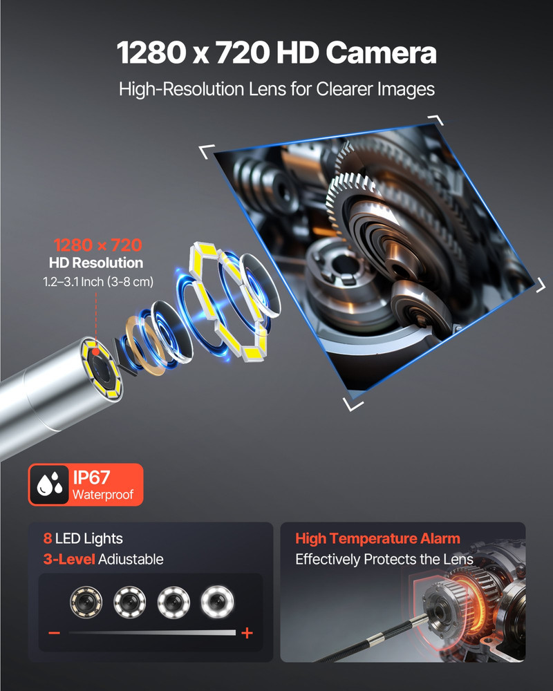 Articulating Borescope Camera with Light, Mechanical Equipment (4.9FT Cable)