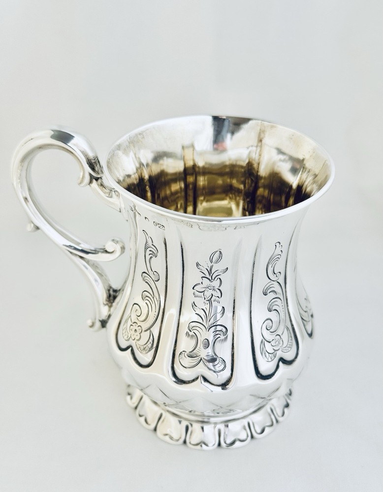 Antique Victorian Solid Sterling Silver Mug Scroll Handle Sheffield 1850
