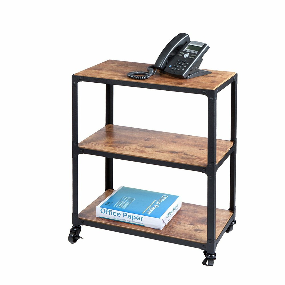 Rustic Brown Black 3 Tier Utility Serving Cart Rolling Kitchen Office Storage